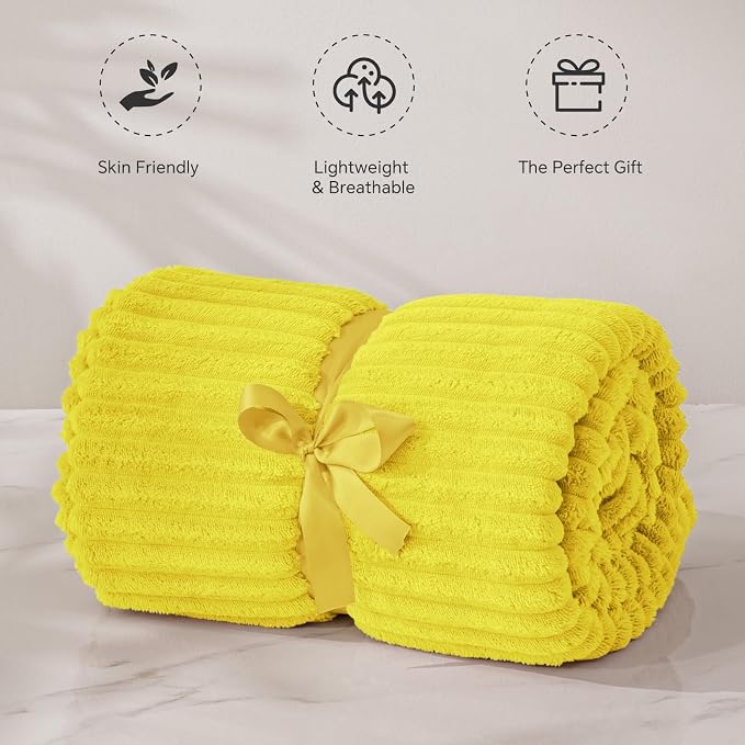 BEDELITE Ribbed Jacquard Yellow Fleece Throw Blanket for Couch, 50x60 Inch | Soft Warm Decorative Fluffy Blanket, Cozy Plush Lightweight Fuzzy Throw Blanket for Bed Sofa Home Room Decor, Gift for Women