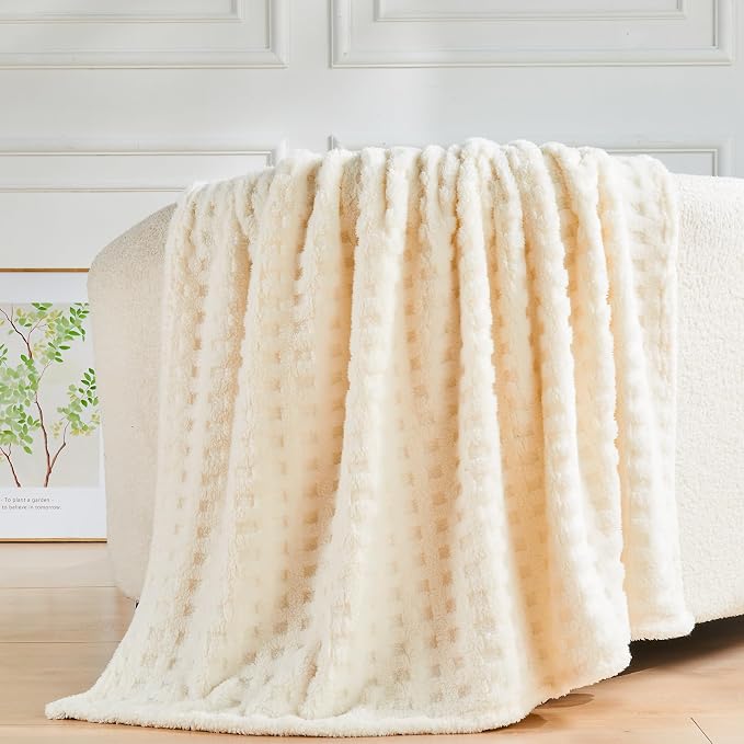 NEWCOSPLAY 3D Waffle Checkered Flannel Queen Blanket, Ivory, 90"x90" | Super Soft Cute Lightweight Decorative Premium Silky Fleece Blanket for Couch Sofa Bed, Gift for Women Men, All Season Use