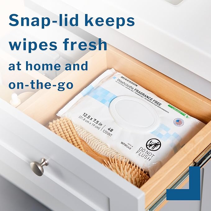 McKesson Washcloth Wipes, Unscented - Disposable Wet Wipes for Adults - Fragrance-Free, Paraben-Free - No-Rinse Formula, 48 Count, 1 Pack