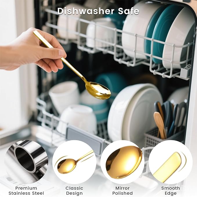 HANSGO 8PCS Gold Korean Soup Spoons – 8 Inch Stainless Steel Tablespoons with Long Handles for Home Kitchen & Restaurant – Durable, Rust-Resistant & Dishwasher Safe, Ideal for Soups, Cereal, Hot Cocoa