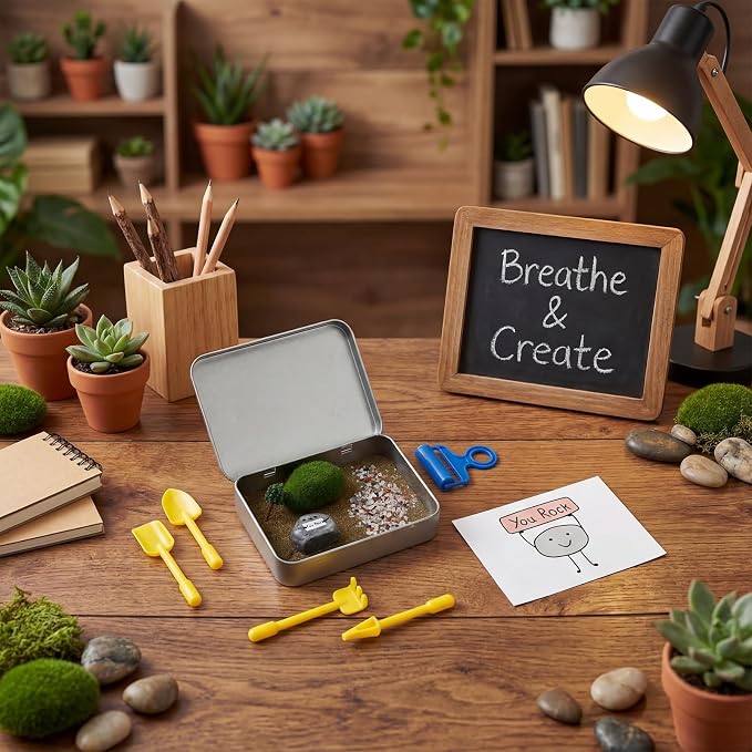 Qunclay Rock Zen Garden Kit - Desk Zen Garden for Anxiety with 'You Rock' Resin Stone, Multicolor Healing Crystal Stones, Mini Tools & Tin Box, Stress Desk Decor for Employees Office Home Dorm