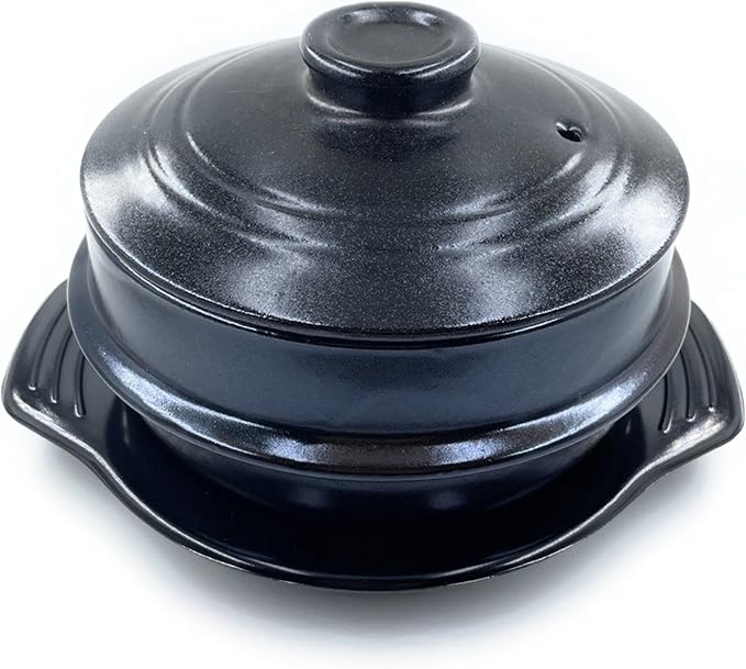 Korean Stone Bowl with Lid, Ttukbaegi for Bibimbap & Soup, 32 fl oz | Twice-fired natural clay, sturdy earthenware construction, Microwave and dishwasher safe, Use on gas stovetop, grill or oven