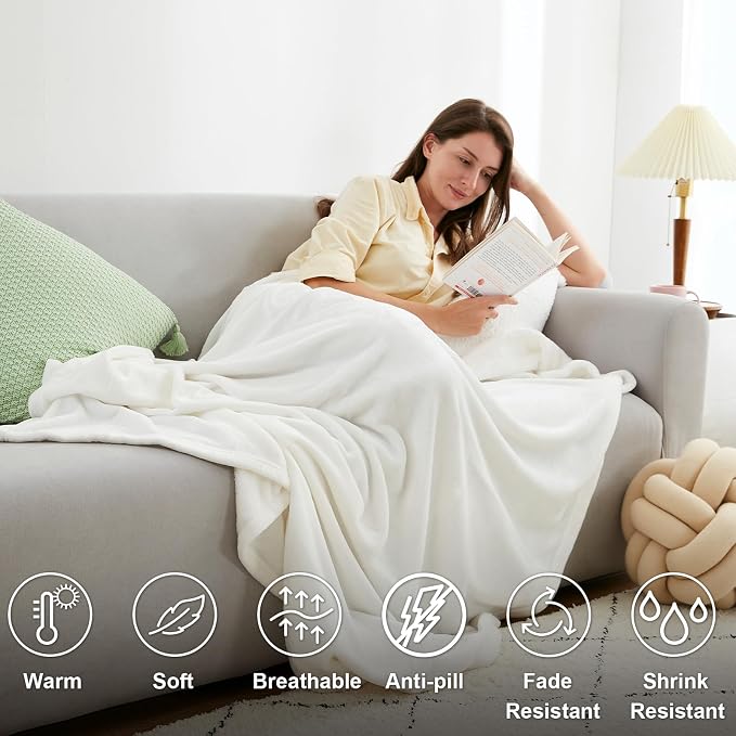 Hansleep Twin White Fleece Blanket, Soft Flannel Bed Blanket | Fuzzy Cozy Blanket 60x80 Inches, Multi-use for Bed, Sofa, Couch, Travel, Camping, All Season Warm Lightweight Cover