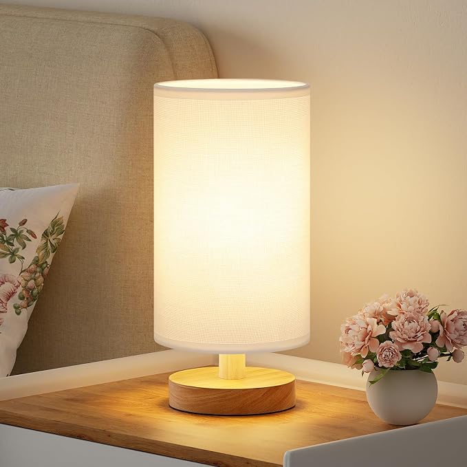 Fenmzee Small Table Lamp for Bedroom - Inline Control, Bedside Lamp with 3000K A15 LED Blub, Easy Assembly (White Shade - Wood Base, 9" Inline Control)