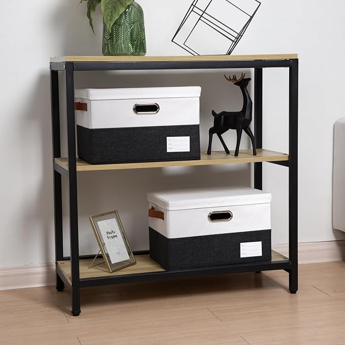 Foldable Storage Bins with Lids [3-Pack] Fabric Collapsible Storage Boxes Baskets Cubes Containers with Handles for Closet Living Room Bedroom (Black & White 14.9x9.8x9.8'')