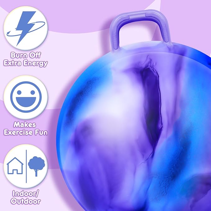 Lewtemi Hopper Ball for Adults, 29 Inch Bouncing Hippity with Handle Rubber Hop, Jumping Hopping Exercise Ball with Air Pump for Outdoors Sports Games Exercise (Blue Purple Cloud)