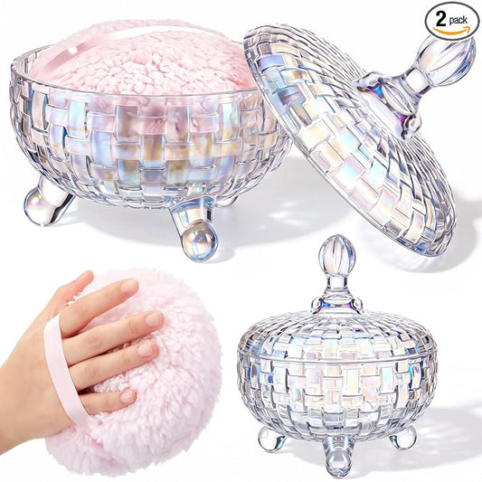 Tioncy 2 Pcs Extra Large Dusting Powder Puff and Container for Women-6'' Glass Crystal Dusting Powder Container with Body Soft Washable Reusable Velour Face(Glitter,Weave Design)