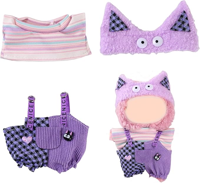 17cm Doll Clothes Set (No Doll) – Outfit with Hat & Overalls, Handmade Accessories for Mini Dolls, OB11-Compatible Dress-Up Gift (Purple Cat)