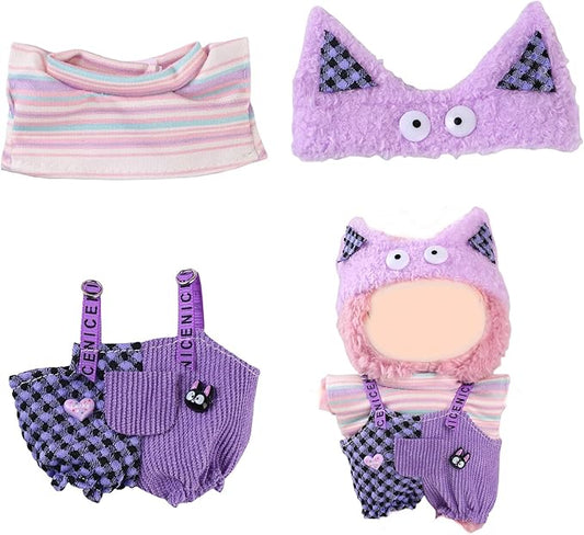 17cm Doll Clothes Set (No Doll) – Outfit with Hat & Overalls, Handmade Accessories for Mini Dolls, OB11-Compatible Dress-Up Gift (Purple Cat)