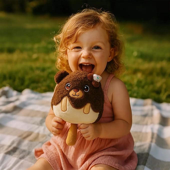 Adorable Ice Cream Plush Pillow with Chocolate Bear Soft Plush Toy Cuddly Stuffed Animal Toy for Kids Birthday Gift for Boys and Girls
