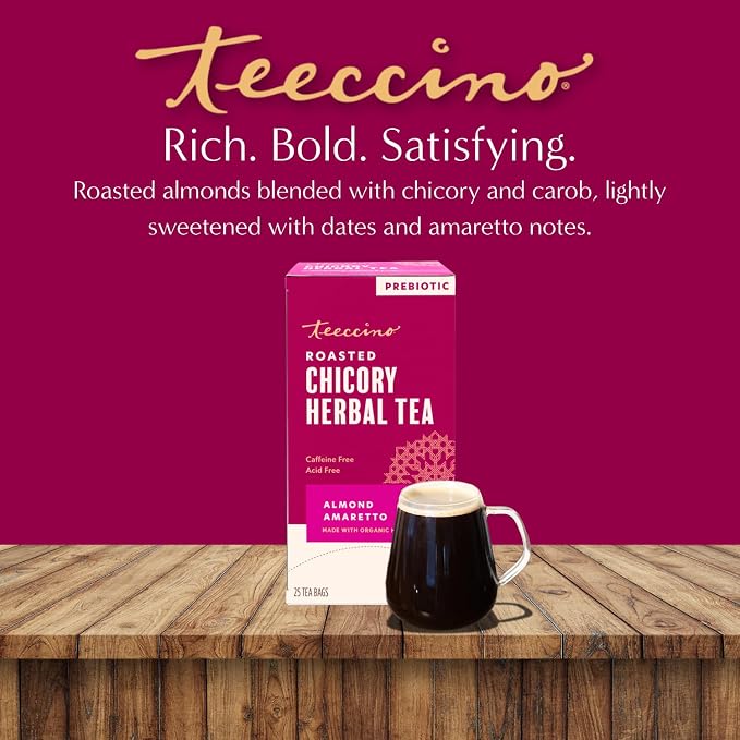 Teeccino Herbal Tea - Almond Amaretto - Rich & Roasted Herbal Tea That's Caffeine Free & Prebiotic for Natural Energy, 25 Tea Bags