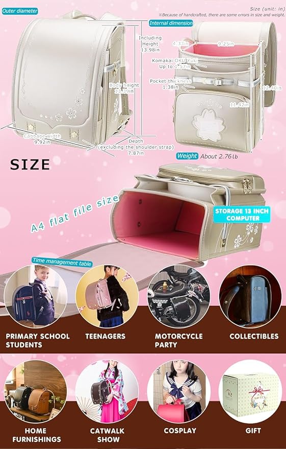 IwaiLoft Ransel Randoseru Backpack Automatic Satchel Japanese School Bag Cherry Blossom Sakura Embroidery PU Bookbag (Aiboly)