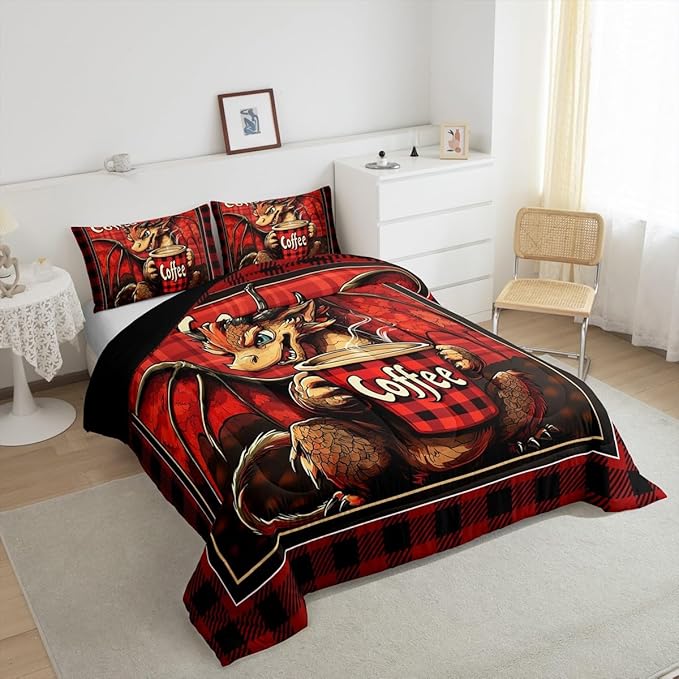 Feelyou Dragon Comforter Set Toddler Size Dragon Stuff Comforter for Boys Girls Teens Coffee Bedding Set Dragon Decor Duvet Set Room Decor Red Brown Quilt Set