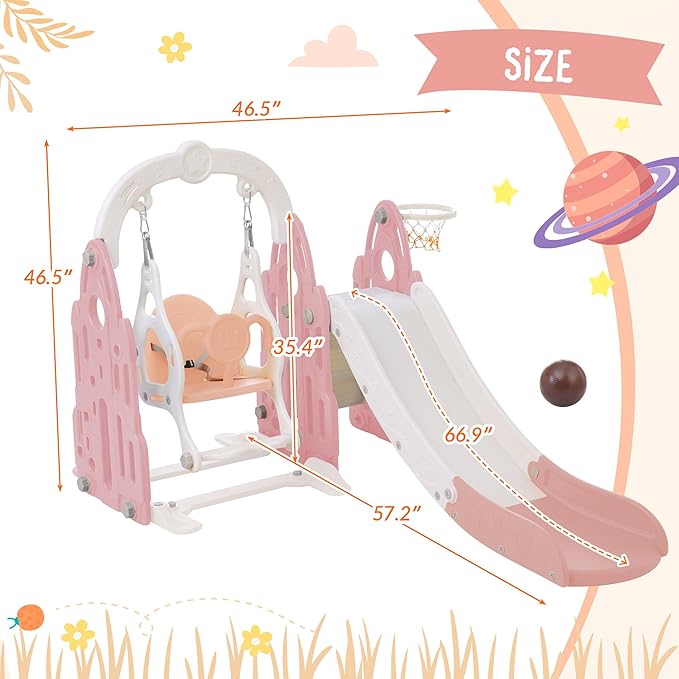 4 in 1 Toddler Slide Swing Set Freestanding Slide Climber Playset with Basketball Hoop Indoor Outdoor Playground Equipment for Kids Gifts Pink+White