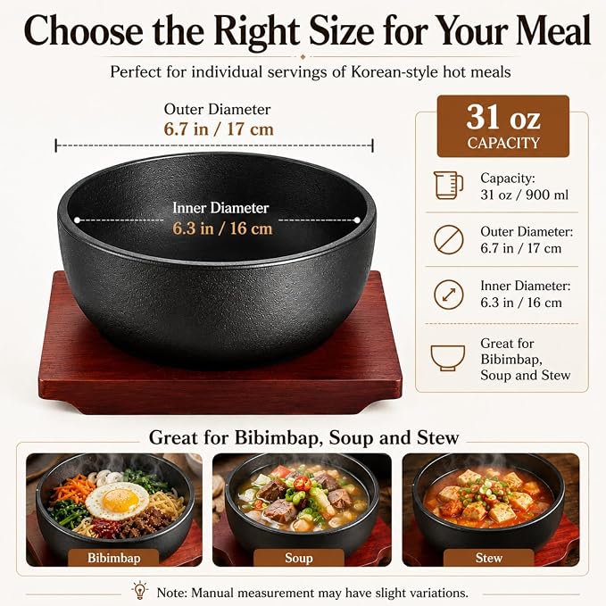 XICHENGSHIDAI Cast Iron Dolsot Bibimbap Bowl, 31 Oz, Wooden Base | Heat-retaining Korean bowl for sizzling rice, bibimbap, soup and stew; includes a wooden base for convenient table serving.
