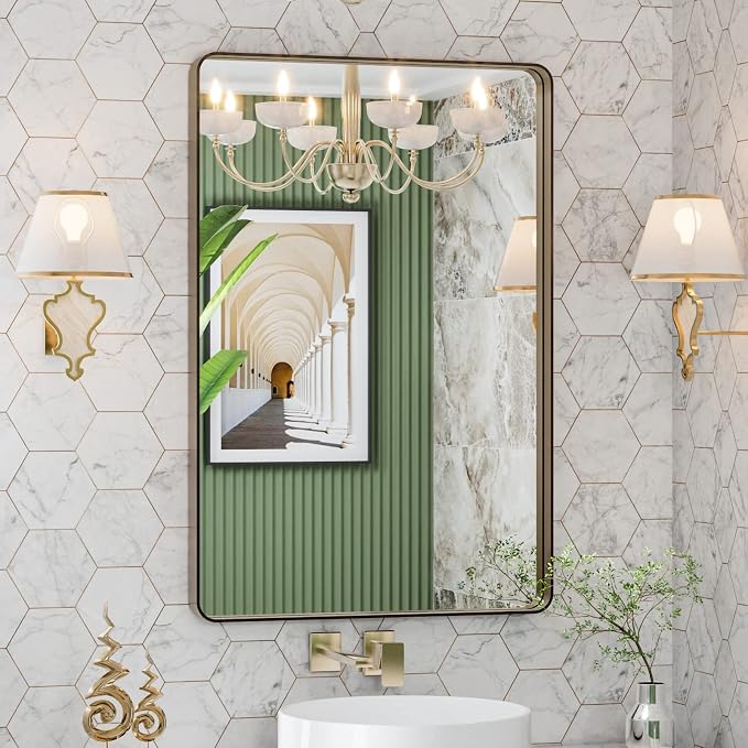 LOAAO 24"X32" Bronze Bathroom Mirror for Vanity | Rounded Rectangle, Brushed Bronze Metal Frame, Anti-Rust, Hangs Horizontally or Vertically