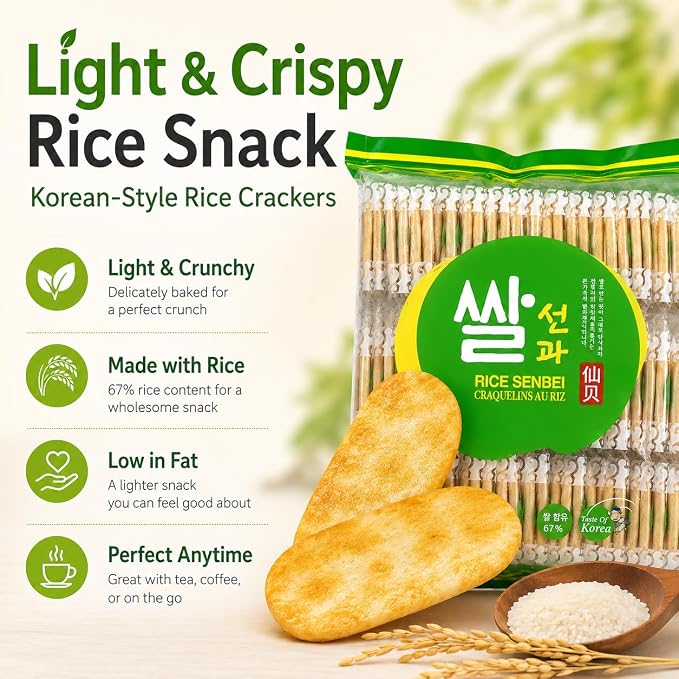 Rice Cracker Snack, Korean-Style Senbei, Individually Wrapped Sweet & Savory Treats, 67% Rice Content, Tea Time Snack, 10.6 oz 쌀과자