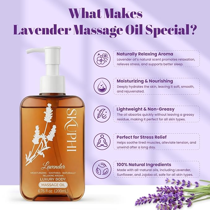 Body Oil for Massage, Lightweight Non Greasy Massage Oil for Relaxation & After Shower, Smooth Glide 6.76 Fl Oz (Lavender)