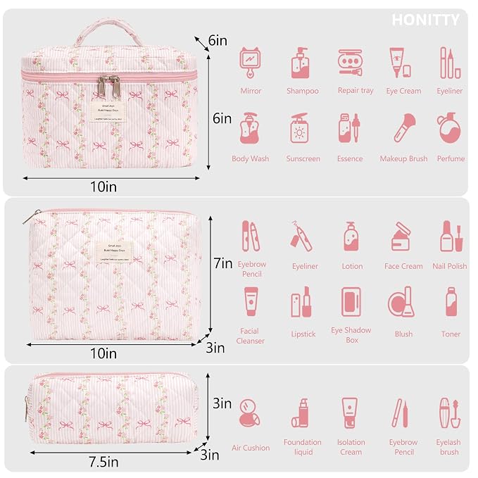 honitty Makeup Bag,Quilted Cosmetic Bags,Large Floral Make Up Organize bag,Makeup Bag Set for Women,Flower Travel Toiletry Bag