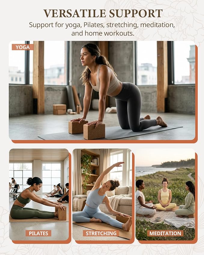 Trideer Cork Yoga Blocks, 2 Pack Yoga Blocks Natural Cork, High Density Yoga Block with Non Slip Surface, Eco-Friendly Yoga Accessories for Women, Ideal for Yoga, Pilates, Stretching