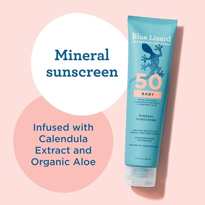Blue Lizard BABY Mineral Sunscreen with Zinc Oxide,SPF 50+,Water Resistant,UVA/UVB Protection with Smart Cap Technology - Fragrance Free,5 oz. Tube,(Pack of 2)