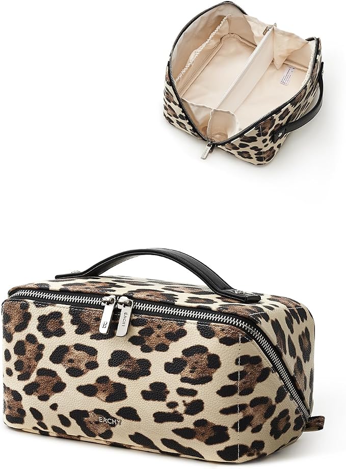 EACHY Travel Makeup Bag, Large Capacity Cosmetic Bag for Women, Waterproof PU Leather, Flat Open Portable Toiletry Bag for Skincare, Brushes & Travel Essentials