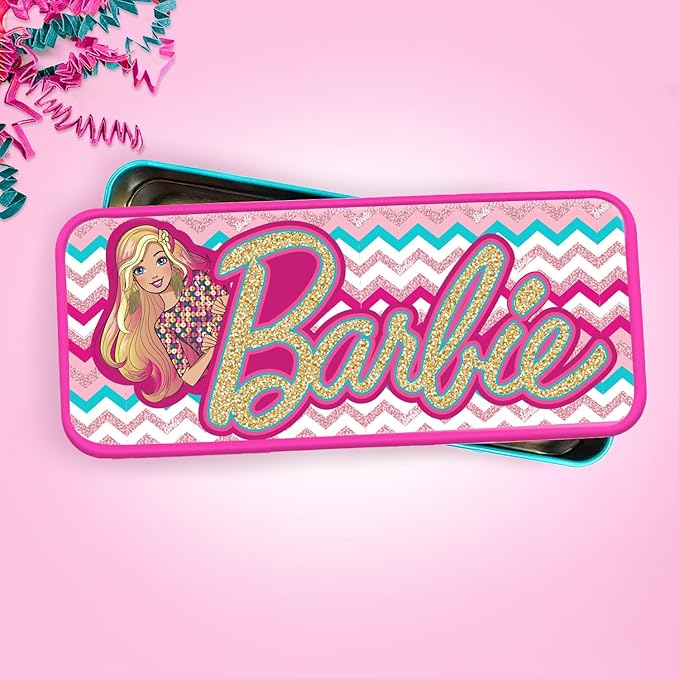Megatoys Barbie Birthday Party Gift Set - Tin Box, Tin Pencil Case, Stickers, Birthday Necklace, Plush, and Birthday Hat