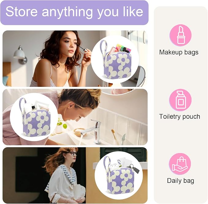 Corduroy Period Pouch for Women, Cute Sanitary Pad Pouch with Zipper, Portable Tampon Holder for Purse, Sanitary Napkin Storage Bag for Travel (BB Purple Flower)