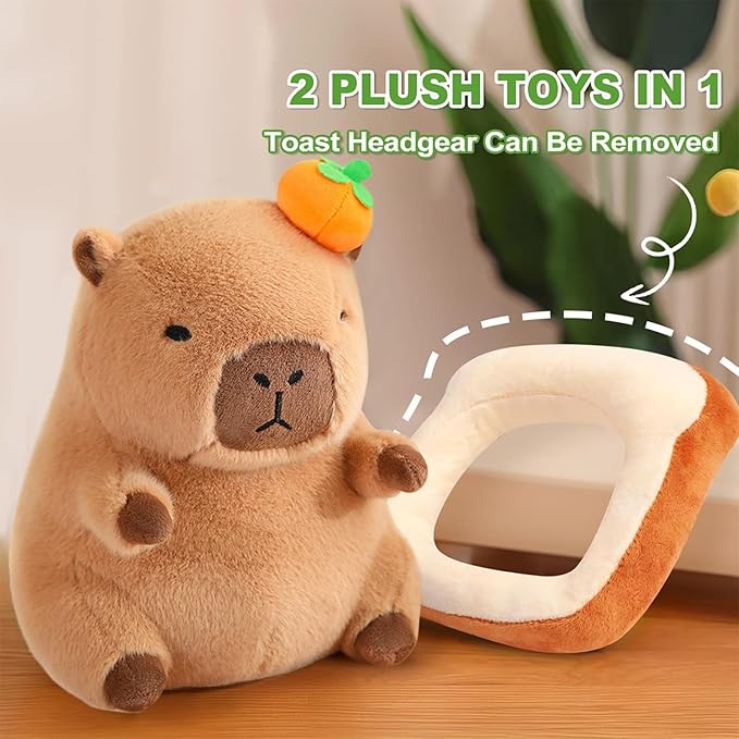 Ditucu Cute Orange Capybara Plush Pillow with Wearable Toast Headgear Stuffed Animal Bread Capibara Plushies Toys Gifts for Kids Brown 13.7 inch