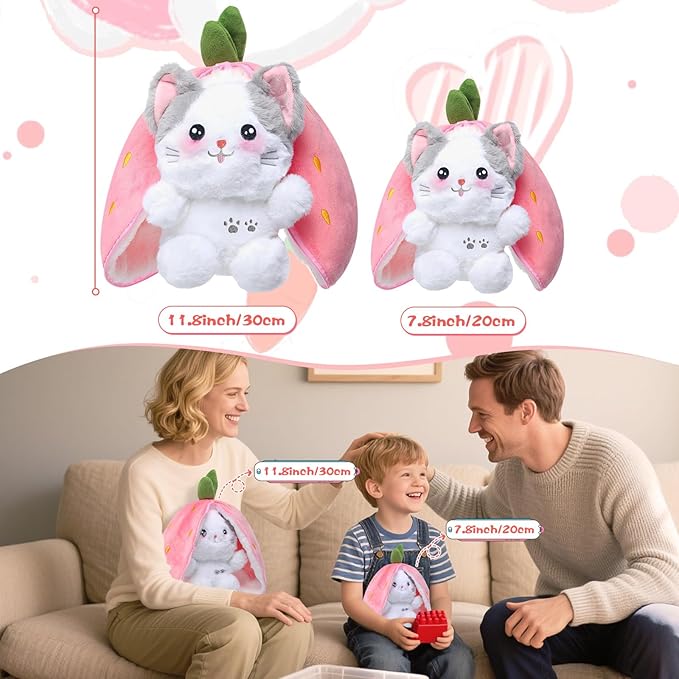MIAODAM Cat Plush Stuffed Animals, Cute Reversible Strawberry Turn Into Cat Zip Plush, Funny Plushies Toy in A Strawberry Stuffie for Baby & Girlfriend Gift (7.8inch)