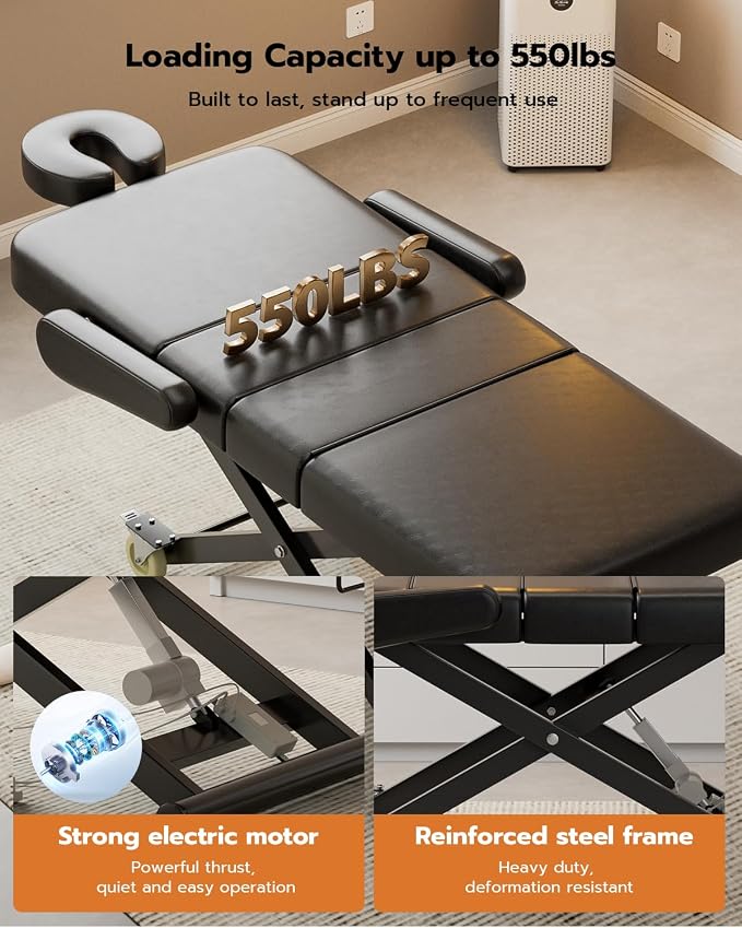 Paddie 3 Motor Fully Electric Massage Table Professional with Face Cradle & Foot Pedal, Customized Angle Folding, 550lbs Height Adjustable with Rolling Wheels, Black