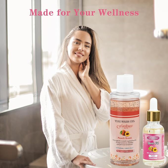 forvirness Natural Feminine Wash Yoni Oil Set, Body Cleanser with Cleaning Factor, Yoni Wash for Women pH Balance,1 fl.oz Peach Feminine Oil & 6.7 fl.oz Intimate Cleanser