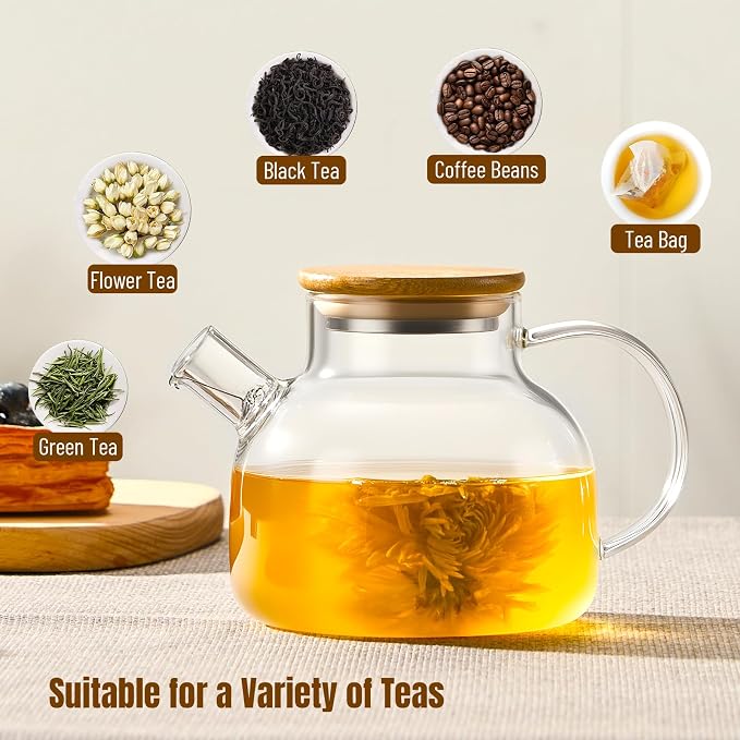 PARACITY Glass Teapot Stovetop 20 OZ/600ml, Borosilicate Clear Tea Kettle with Bamboo Lid, Glass Tea pot with Removable Filter Spout, Teapot Blooming and Loose Leaf Tea Maker Tea Brewer for Camping