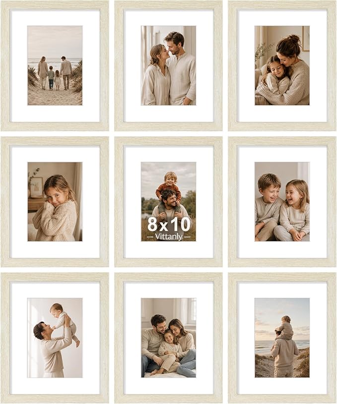 Vittanly 8x10 Picture Frames Set of 9 for Wall Mount or Tabletop, Cornsilk | Display Pictures 5x7 with Mat or 8x10 without Mat, Small Photo Frames, Engineered Wood with Shatter Resistant Plexiglass