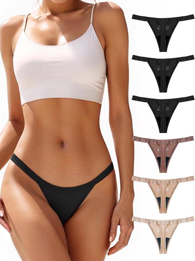 TIICHOO Period Thong Underwear for Women Lace Period Panties Thong Light Absorbency Leakproof Underwear Pack of 6