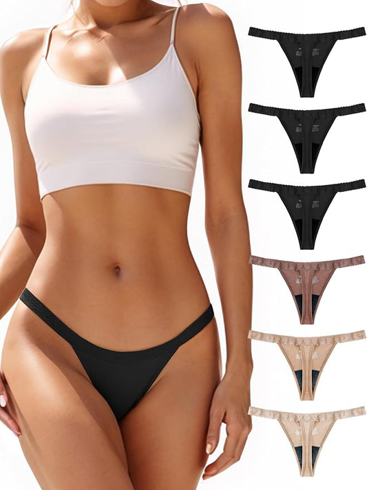 TIICHOO Period Thong Underwear for Women Lace Period Panties Thong Light Absorbency Leakproof Underwear Pack of 6