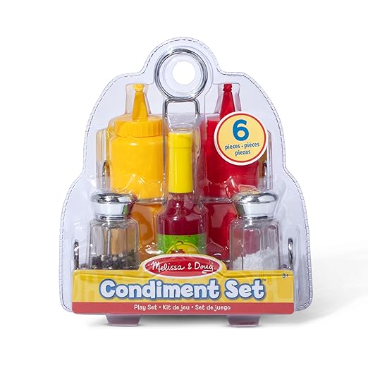 Melissa & Doug Condiments Set (6 pcs) - Play Food, Stainless Steel Caddy
