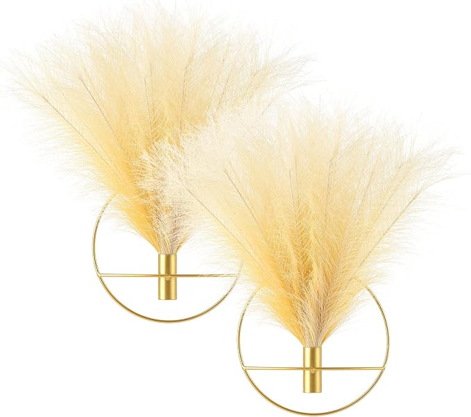 Pretty Jolly Boho Pampas Wall Decor Gold Metal Wall-Mounted Art | Morden Artificial Greenery Display，2 Pack Hanging Planter For Living Room, Bedroom, Bathroom, Dining room