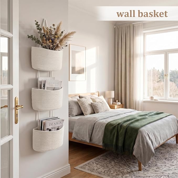 TeoKJ Over the Door Hanging Basket, 3-Tier Woven Cotton Wall-Mounted Storage Organizer Bag Decorative Hanging Nursery Baskets, White