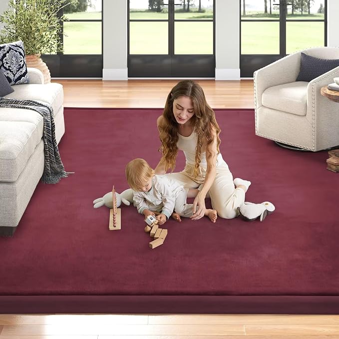 Baby Play Mat for Floor Nursery Muscle Mat Area Rug Playroom Rug 71x79" Elastic Foam 1.3" Thick Crawling Mat for Babies,Toddlers, Infants (Burgundy)