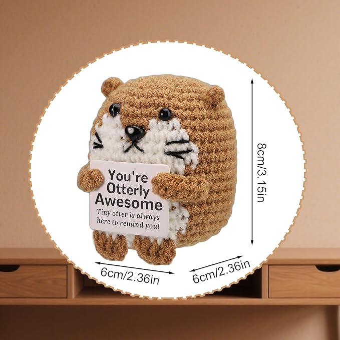 Decorative Positive Sea Otter Crochet, 3 Inch Handmade Adorable Animal Knitted Wool Doll with Positive Card for Home Office Desktop Decor