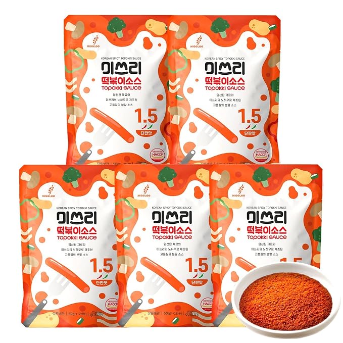 MISSLEE Tteokbokki Sauce Mix (5 Pack, 2 Servings Each), Level 2 Original, Korean Powder Sauce for Rice Cakes, Stir-Fries, and More (1.76 oz(pack of 5), Mild&Sweet)
