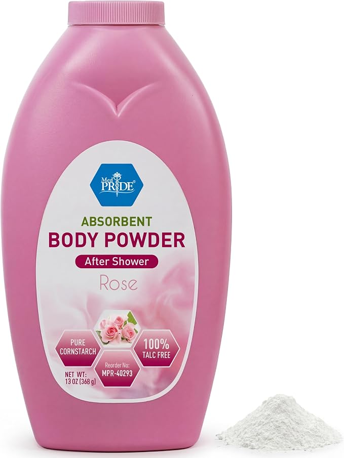 MED PRIDE Talc-Free Cornstarch Body Powder, Rose Scent, 13 oz Bottle