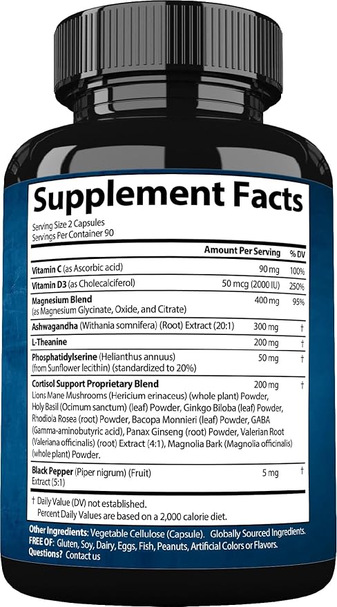 StrongVit Cortisol Supplements for Women and Men with Magnesium, Ashwagandha & L-Theanine. High Cortisol Reducer, Manager, Detox, Lower and Control. Sleep Support & Stress Relief, USA (180 Capsules)