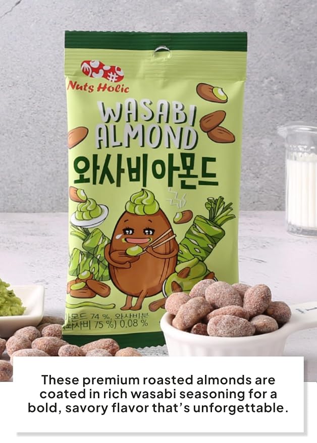 Korean Food Nuts Holic Wasabi Almond, Spicy & Savory, Snack Mix, 8Pk | Spicy and savory wasabi-flavored seasoned almond snack in convenient individual packs