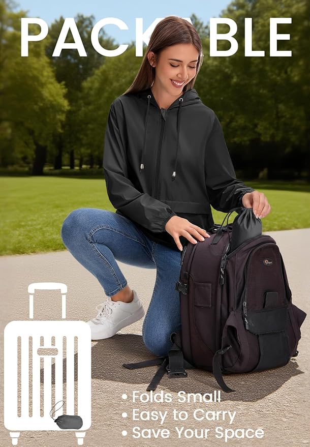 Zando Lightweight Rain Jacket Women Packable Waterproof Raincoat with Hood | Windbreaker Jacket Women, Light Raincoats for Drizzle, Rain Coats for Travel, Hiking and Commute