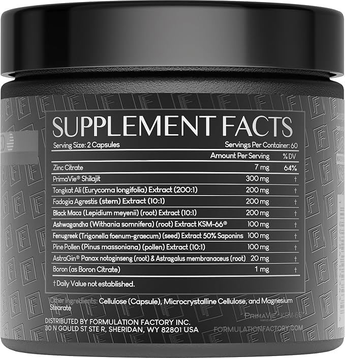 Formulation Factory Self Obsessed Maxxed Male Support - PrimaVie Shilajit, KSM-66 Ashwagandha & 200:1 Tongkat Ali Extract - Advanced Vitality & Drive Complex - 360 Capsules, 6 Month Supply