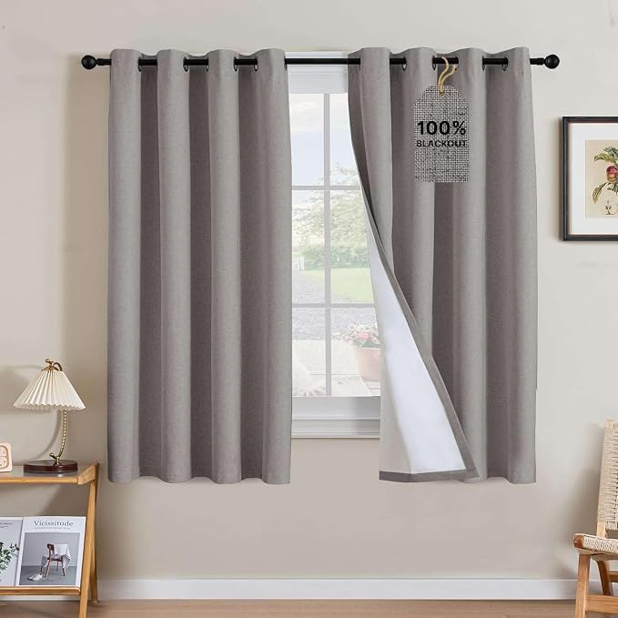 H.VERSAILTEX Linen Curtains 100% Blackout Curtains for Bedroom 63 inch Long Full Light Blocking Nature Linen Blended Window Curtains for Living Room Nickel Grommet (2 Panels, Heathered Dove)
