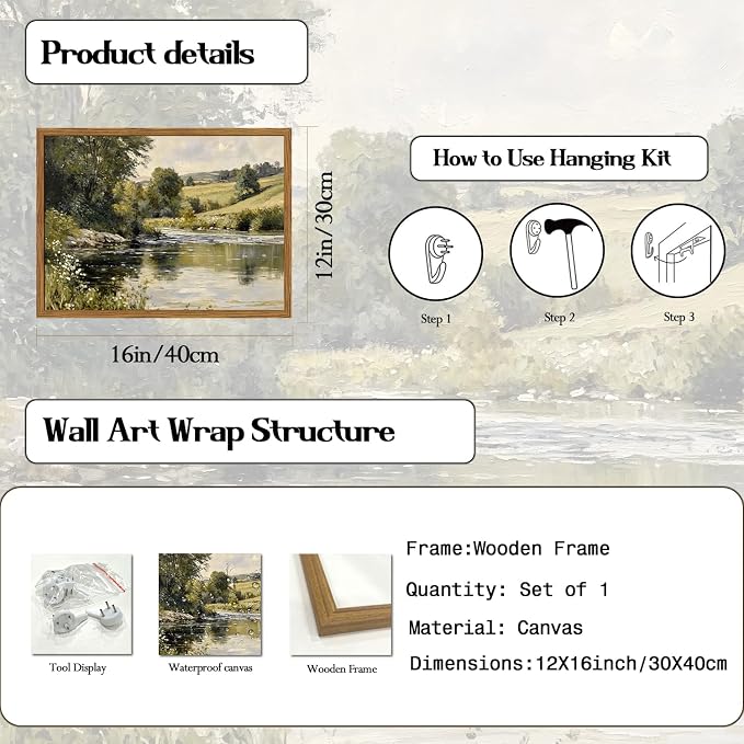 Framed Vintage Landscape Wall Art, Country Nature River Pictures Wall Decor, Rustic Field Paintings Canvas Prints Farmhouse Home Decor Aesthetic for Living Room Bedroom Bathroom 12x16 inch