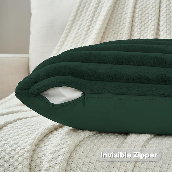 FUTEI Pack of 2 Faux Fur Throw Pillow Covers 12x20 Inch, Dark Green | Fluffy Faux Rabbit Fur Front/Premium Velvet Back,Hidden Zipper,Machine Washable,Non-Shedding,Colorfast,Insert Not Included.